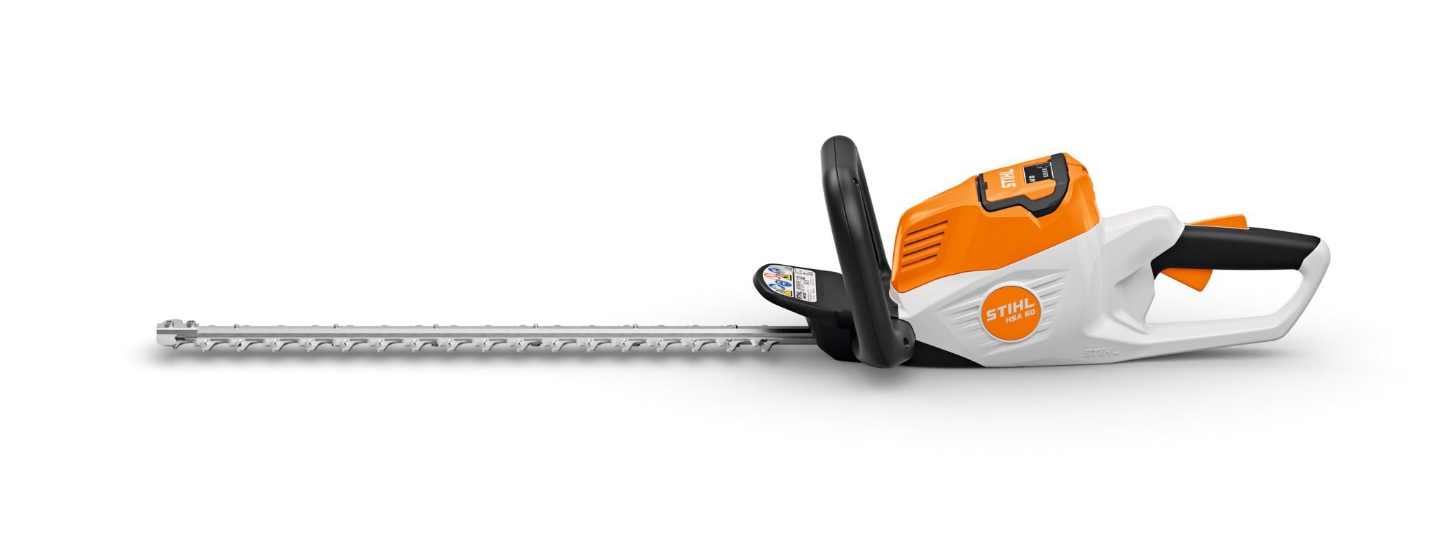 STIHL HSA 50 Heckenschere auf weißem Hintergrund mit sichtbarem Bügelgriff und Führungsschutz