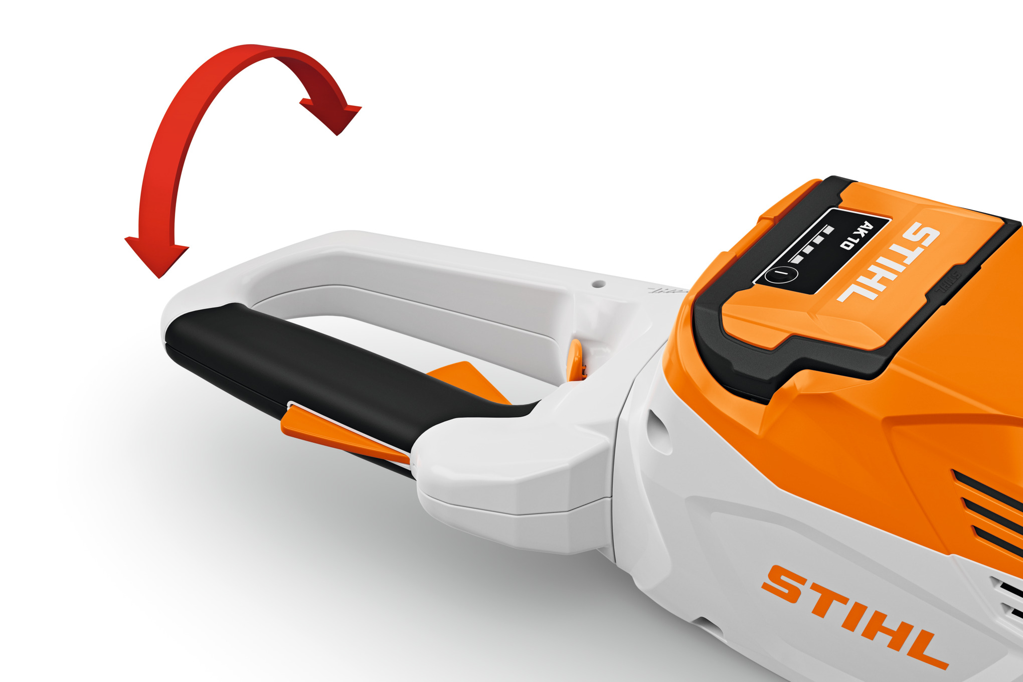 Nahaufnahme der STIHL HSA 60 Akku-Heckenschere mit drehbarem Griff
