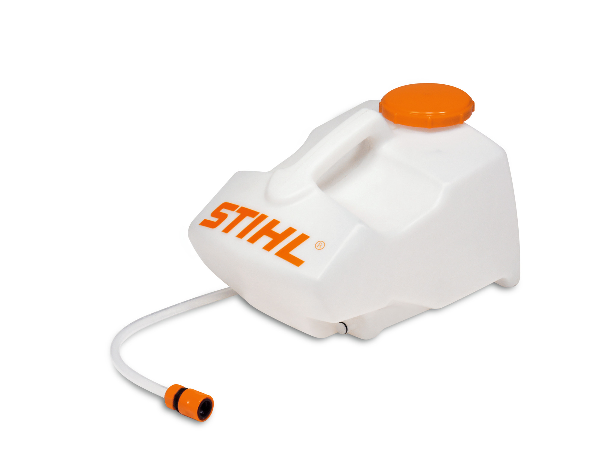 Weißer STIHL Wasserbehälter für FW 20 mit orangefarbenem Deckel und Logo