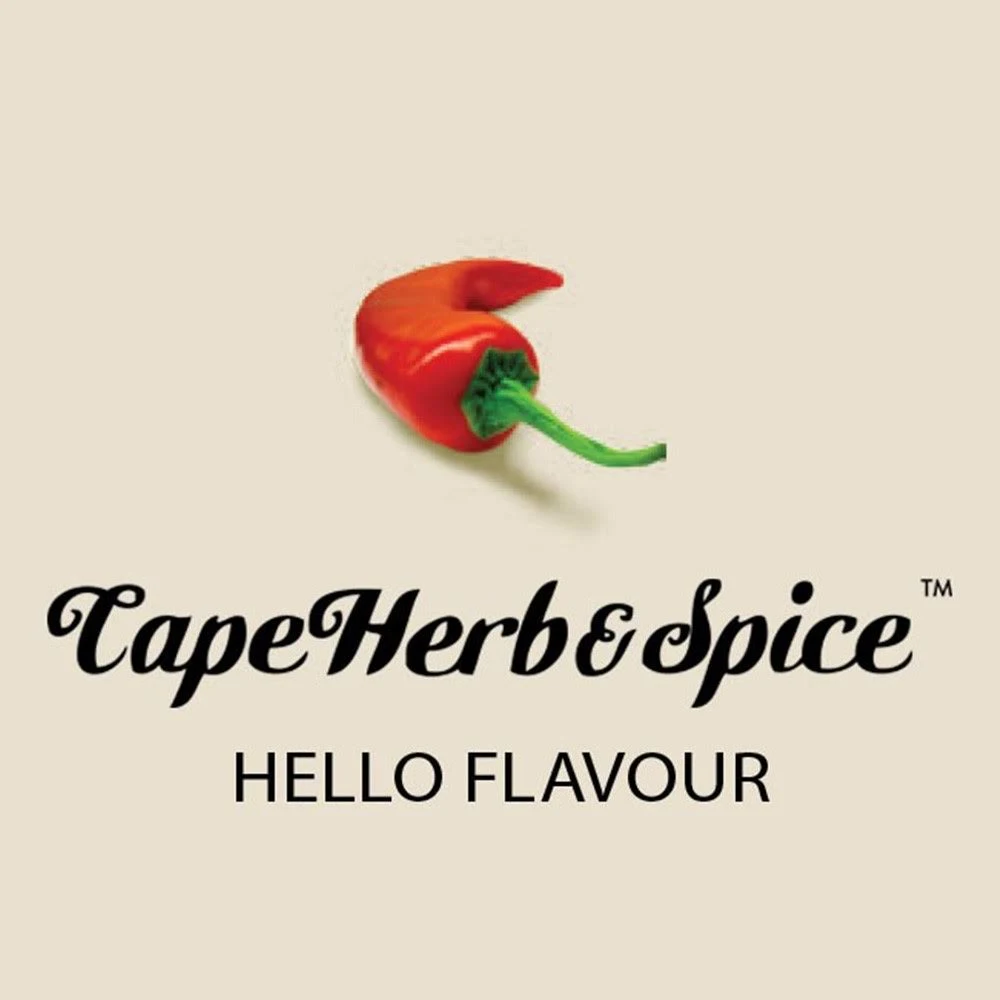 Logo von Cape Herb & Spice mit roter Chili und Slogan 'HELLO FLAVOUR' auf hellem Hintergrund