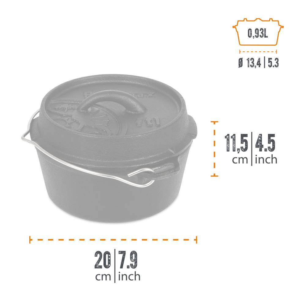 Petromax Feuertopf ft12 Dutch Oven mit Maßangaben in neutralen Grautönen