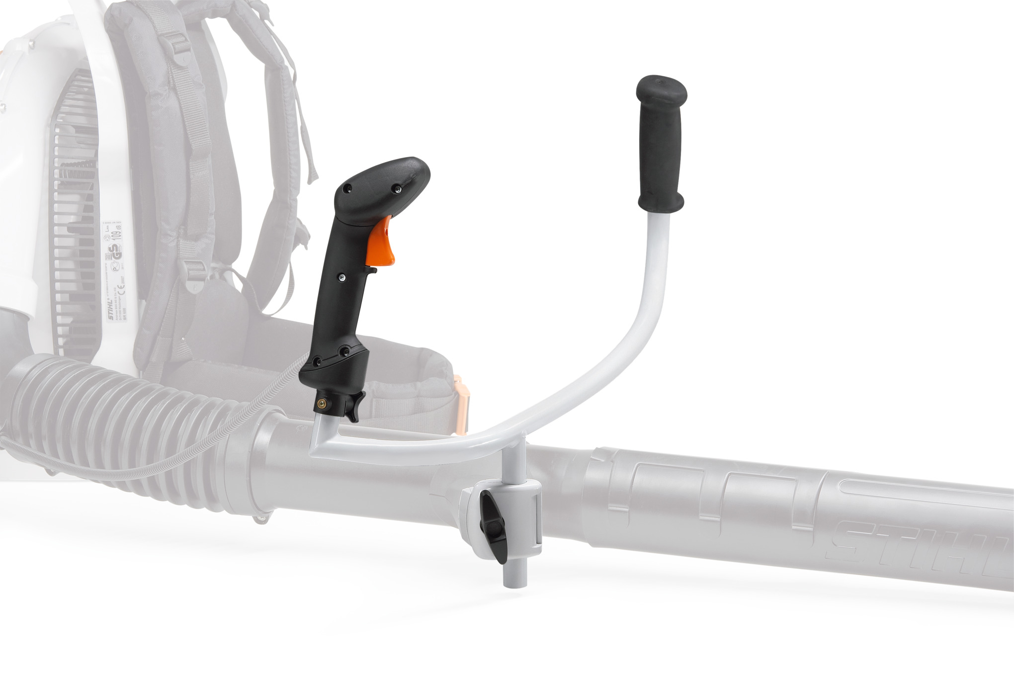 STIHL Benzin-Laubbläser mit Zweihandgriff und sichtbarem Logo auf neutralem Hintergrund