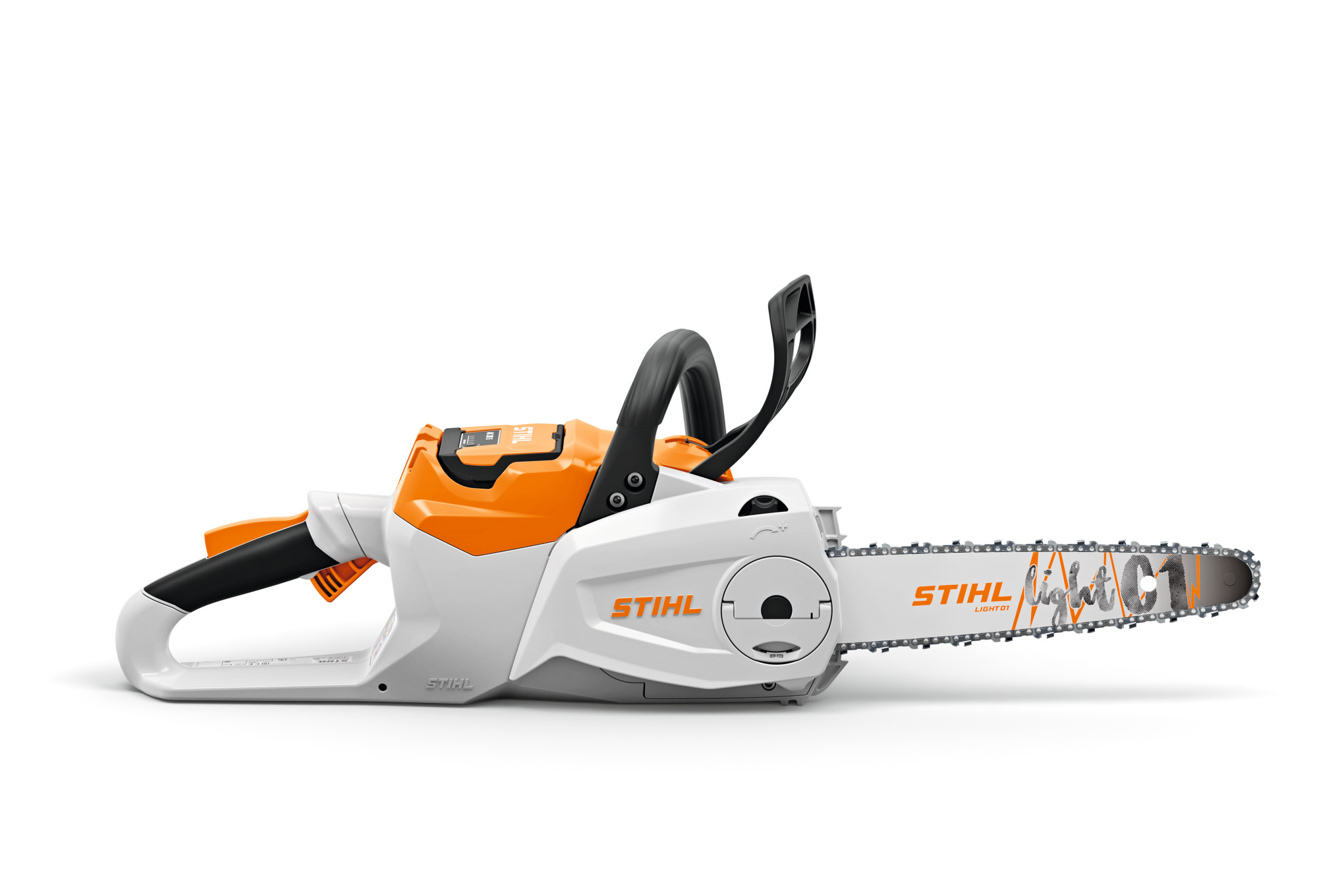 STIHL MSA 80 C-B Akku-Motorsäge auf weißem Hintergrund mit Markenlogo