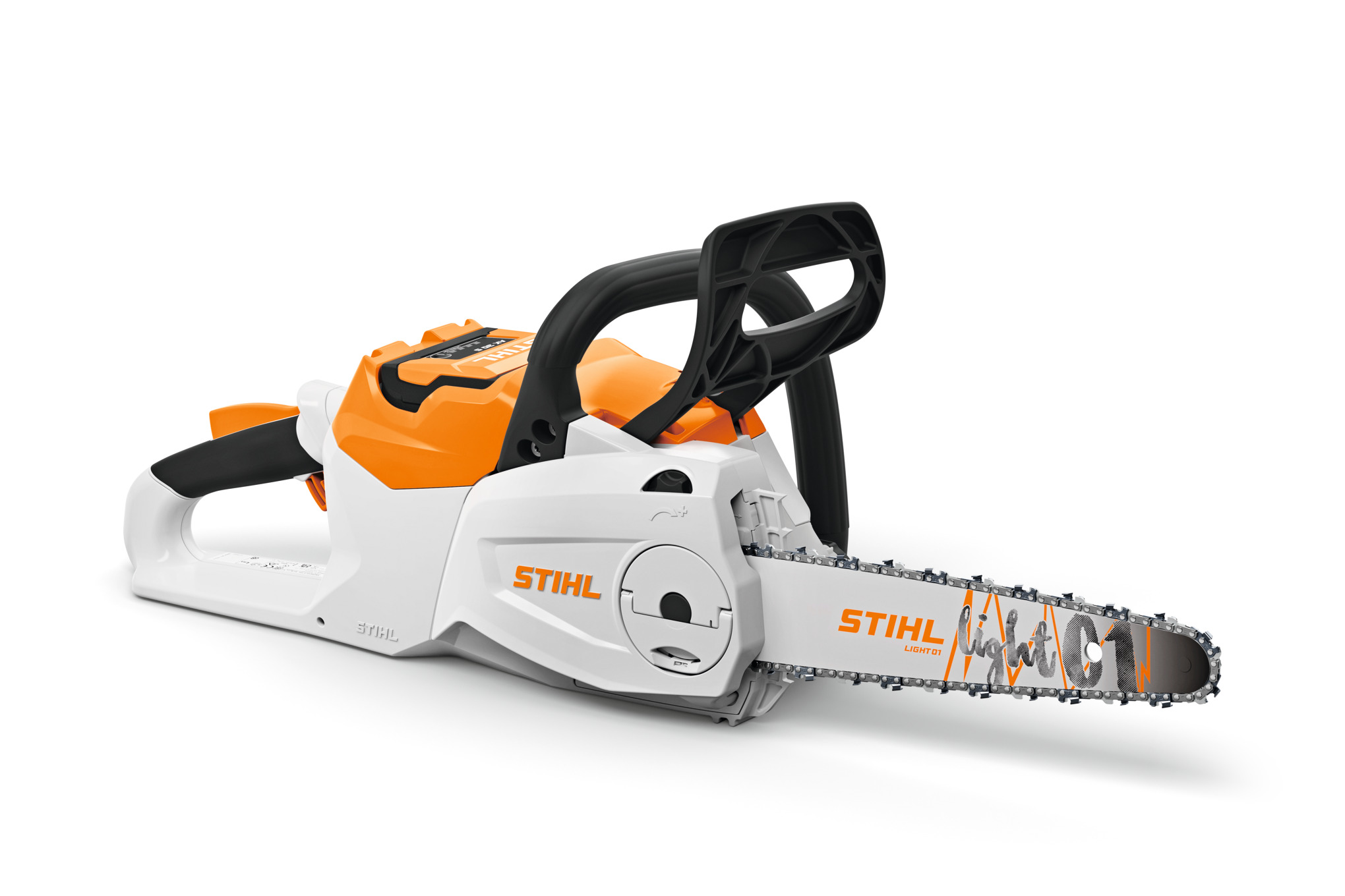 STIHL MSA 80 C-B Akku-Motorsäge auf weißem Hintergrund mit Markenlogo und Schneidgarnitur