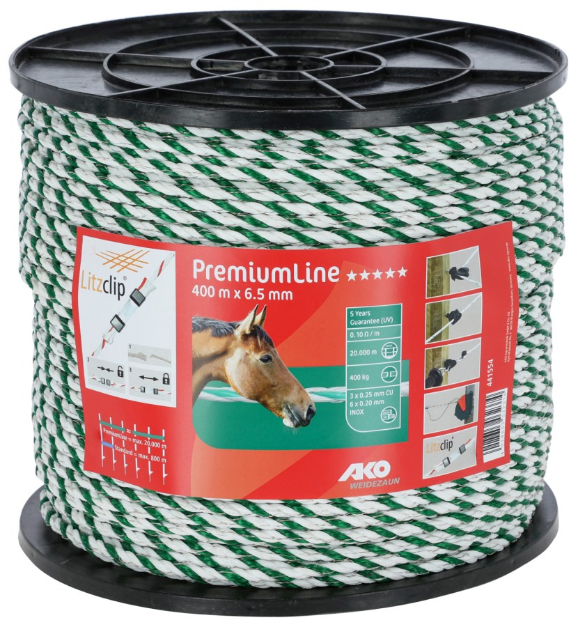 Spule des AKO PremiumLine Seils mit Etikett das technische Details und Zubehör zeigt