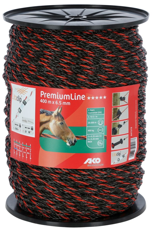 Spule des AKO PremiumLine Seils mit Etikett, das technische Details und Anwendungsbilder zeigt