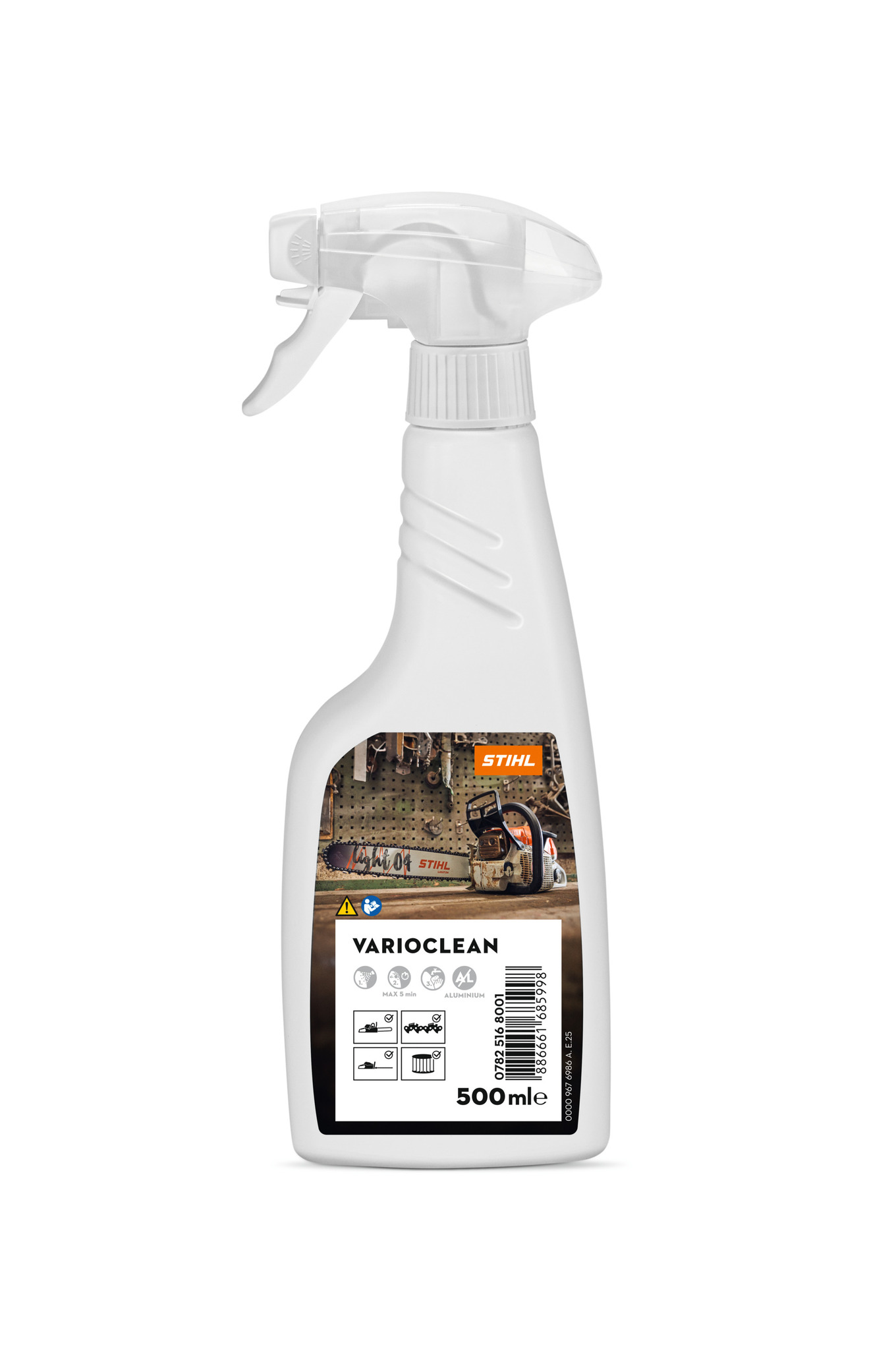 Weiße Sprühflasche von STIHL Varioclean 500ml mit Etikett und Anwendungssymbolen