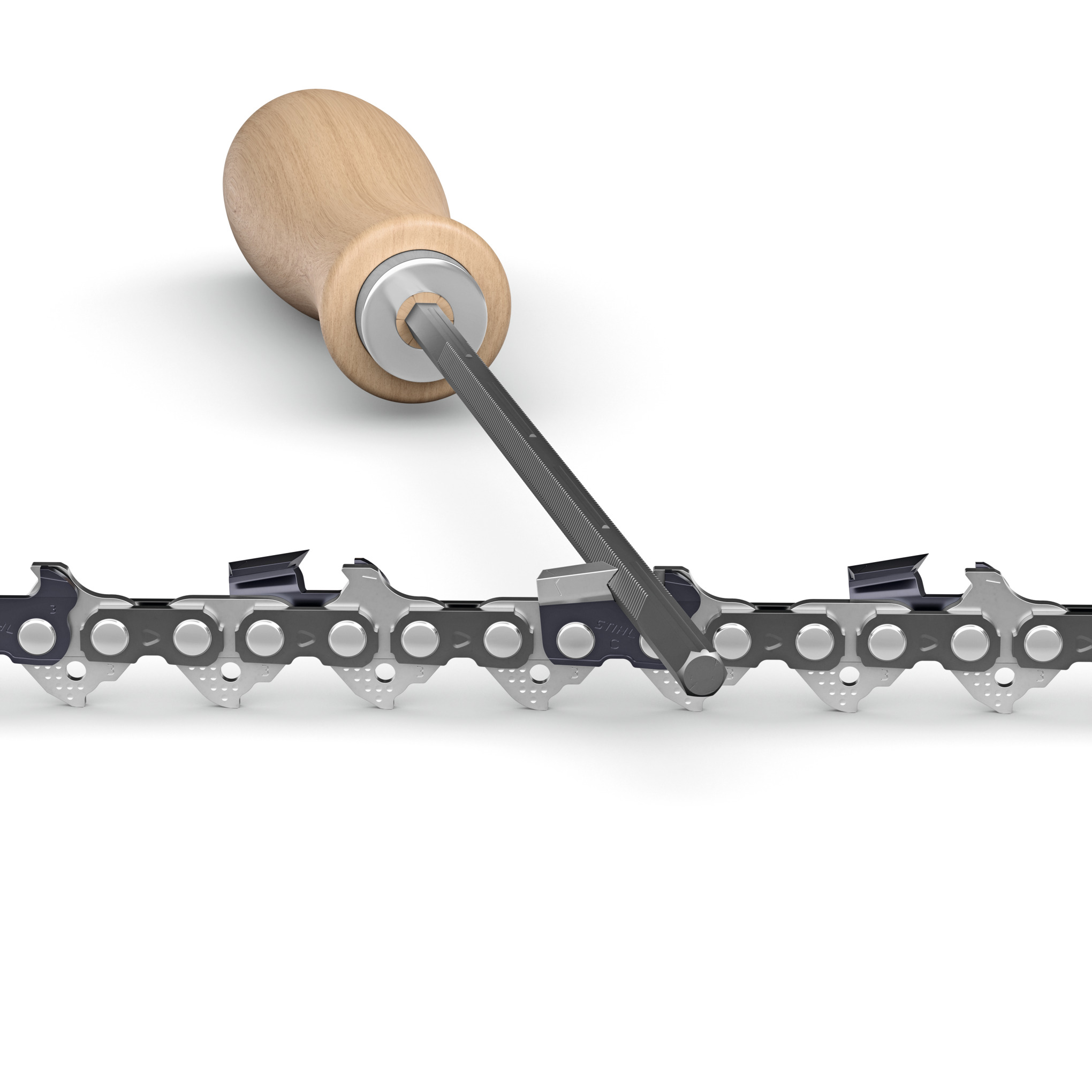 STIHL Upgrade Kit 3 mit Hexa Feile und Sägekette auf weißem Hintergrund