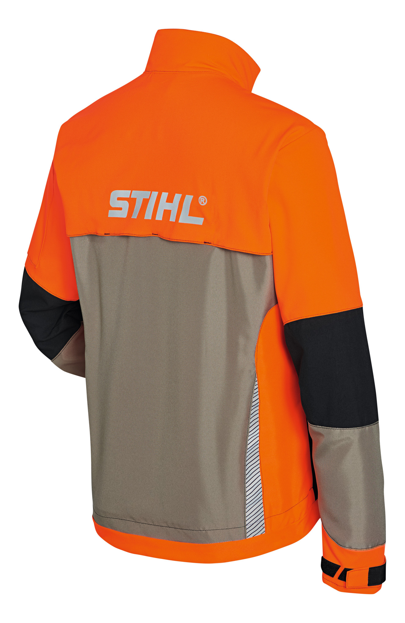 Rückansicht der Stihl Jacke DYNAMIC Vent in Beige und Warnorange für Forstarbeiten