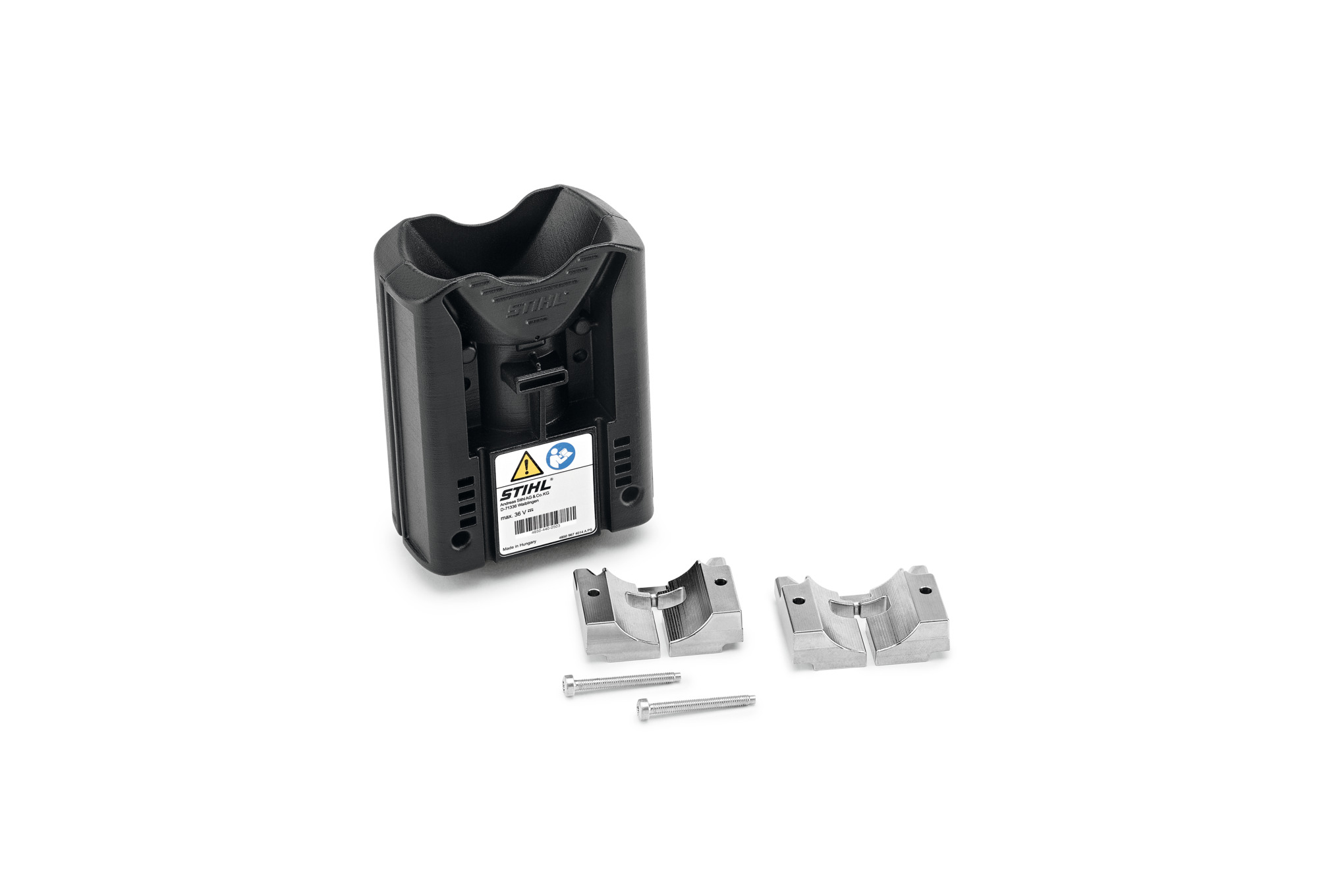 STIHL Adapter AP mit Zusatzgewichten und Montageschrauben auf weißem Hintergrund