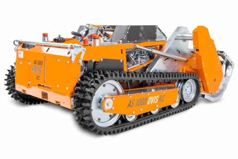 Ferngesteuerter Schlegelmäher AS 1000 Ovis RC in Orange mit Raupenbändern und breitem Mähdeck