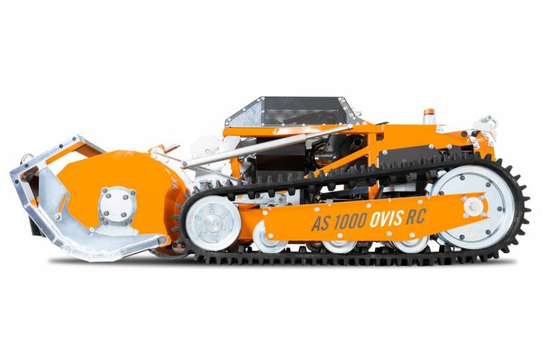 Ferngesteuerter Schlegelmäher AS 1000 Ovis RC in Orange und Weiß mit Raupenbändern