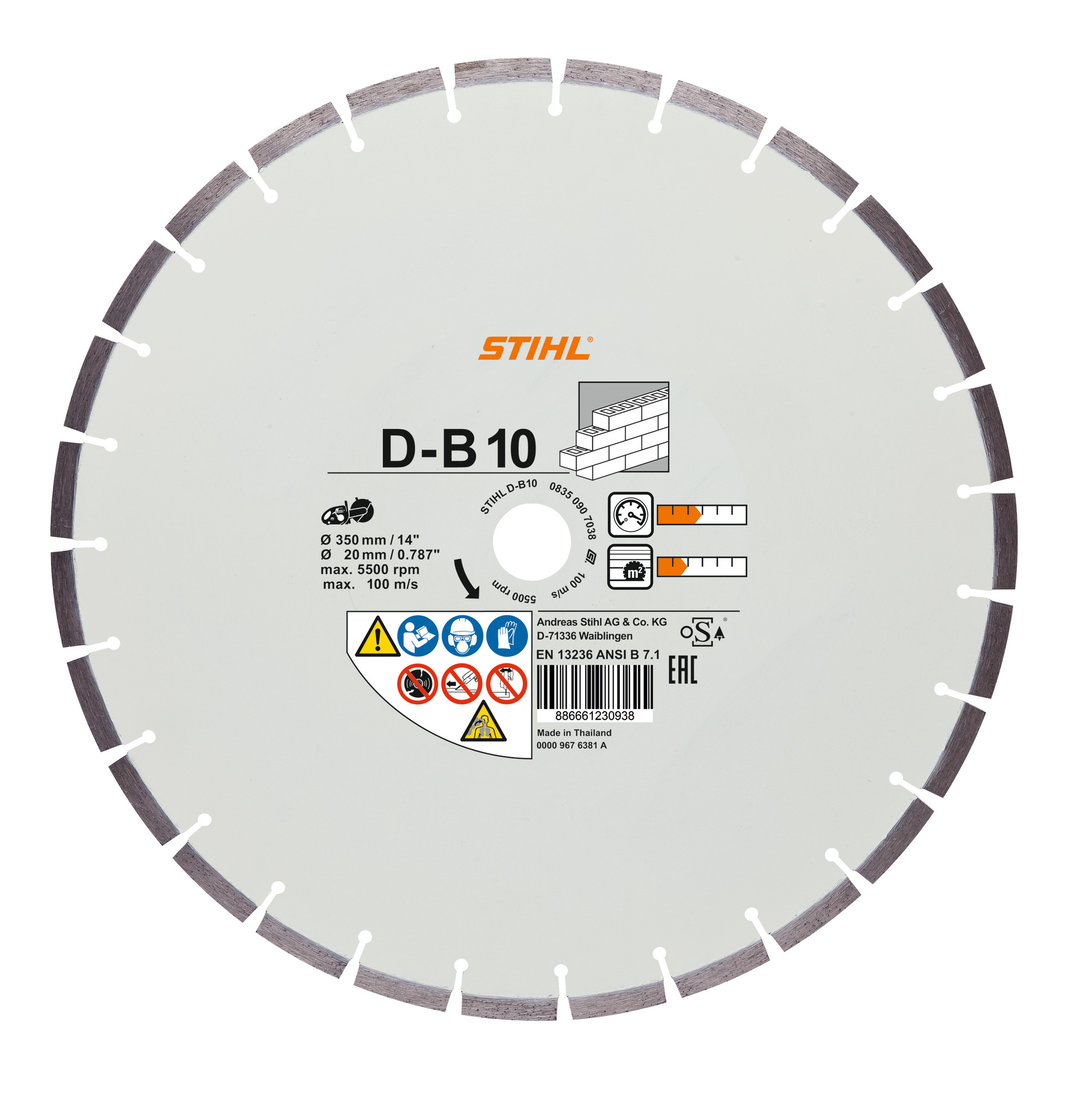 STIHL Diamant-Trennscheibe D-B10 mit technischen Daten und Sicherheitssymbolen