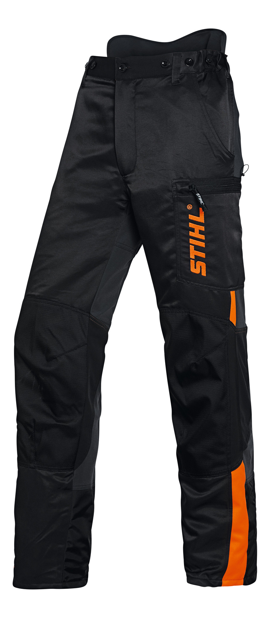 Schwarze Stihl Bundhose DYNAMIC Class 2 für Waldarbeiter mit orangefarbenen Details und Logo