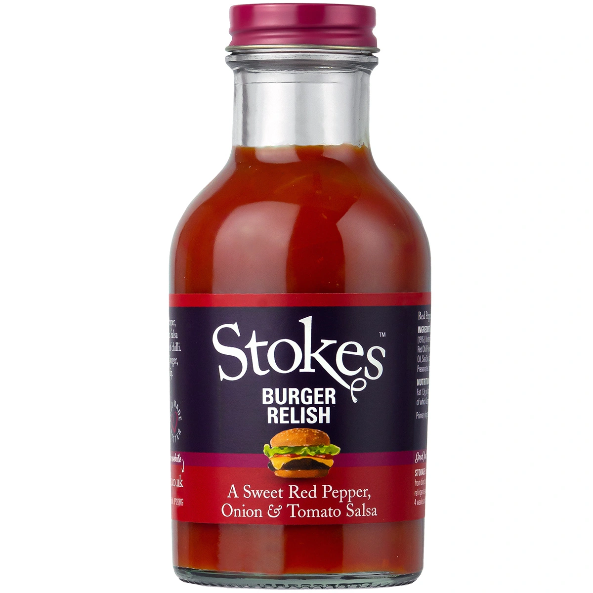 Stokes Burger Relish Flasche mit rotem Etikett und Inhaltsangabe