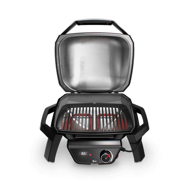 Weber PULSE 1000 Elektrogrill geöffnet mit sichtbarem Gusseisenrost und LED-Temperaturanzeige