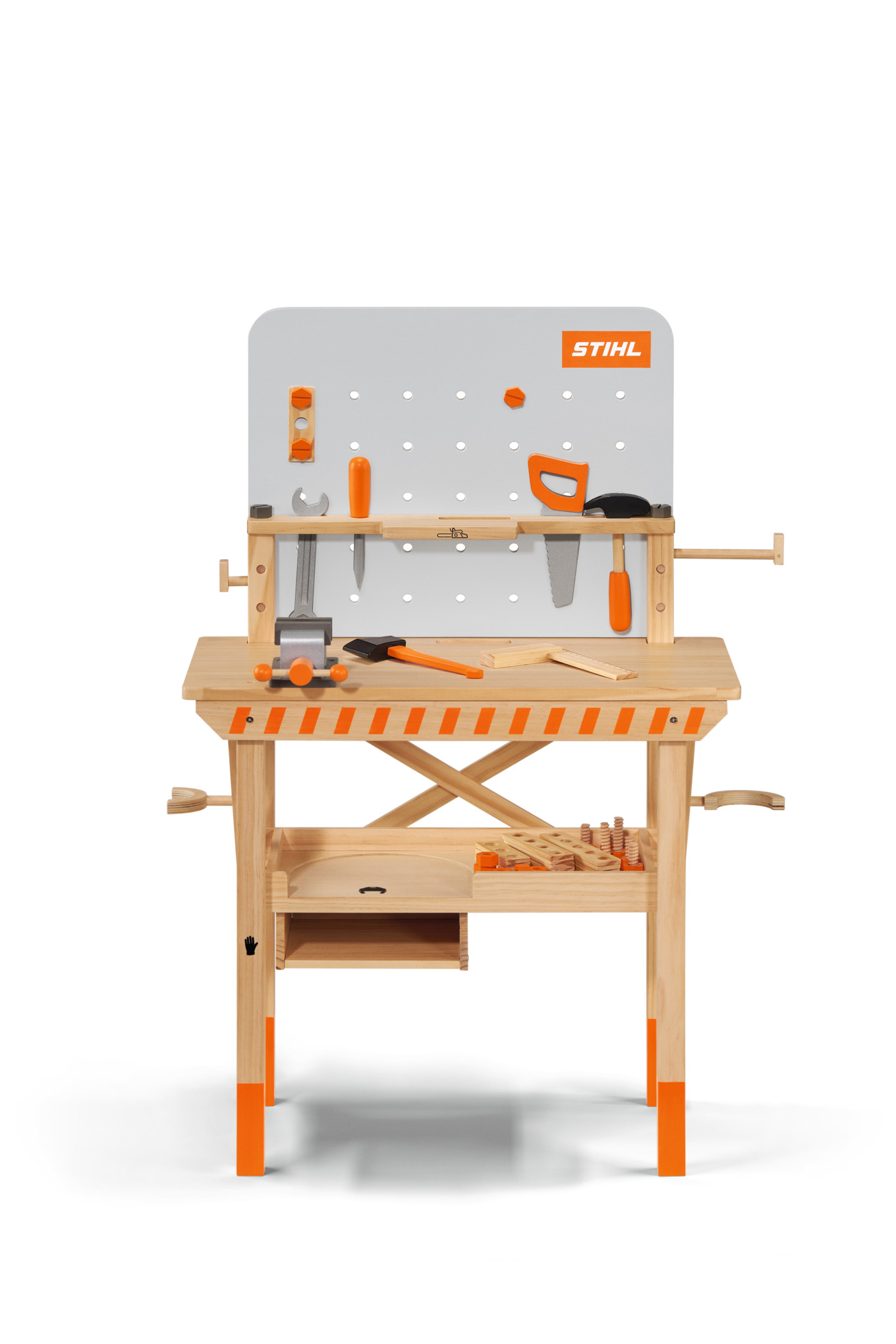 STIHL Kinderwerkbank aus Holz mit Werkzeugen und orangefarbenen Details