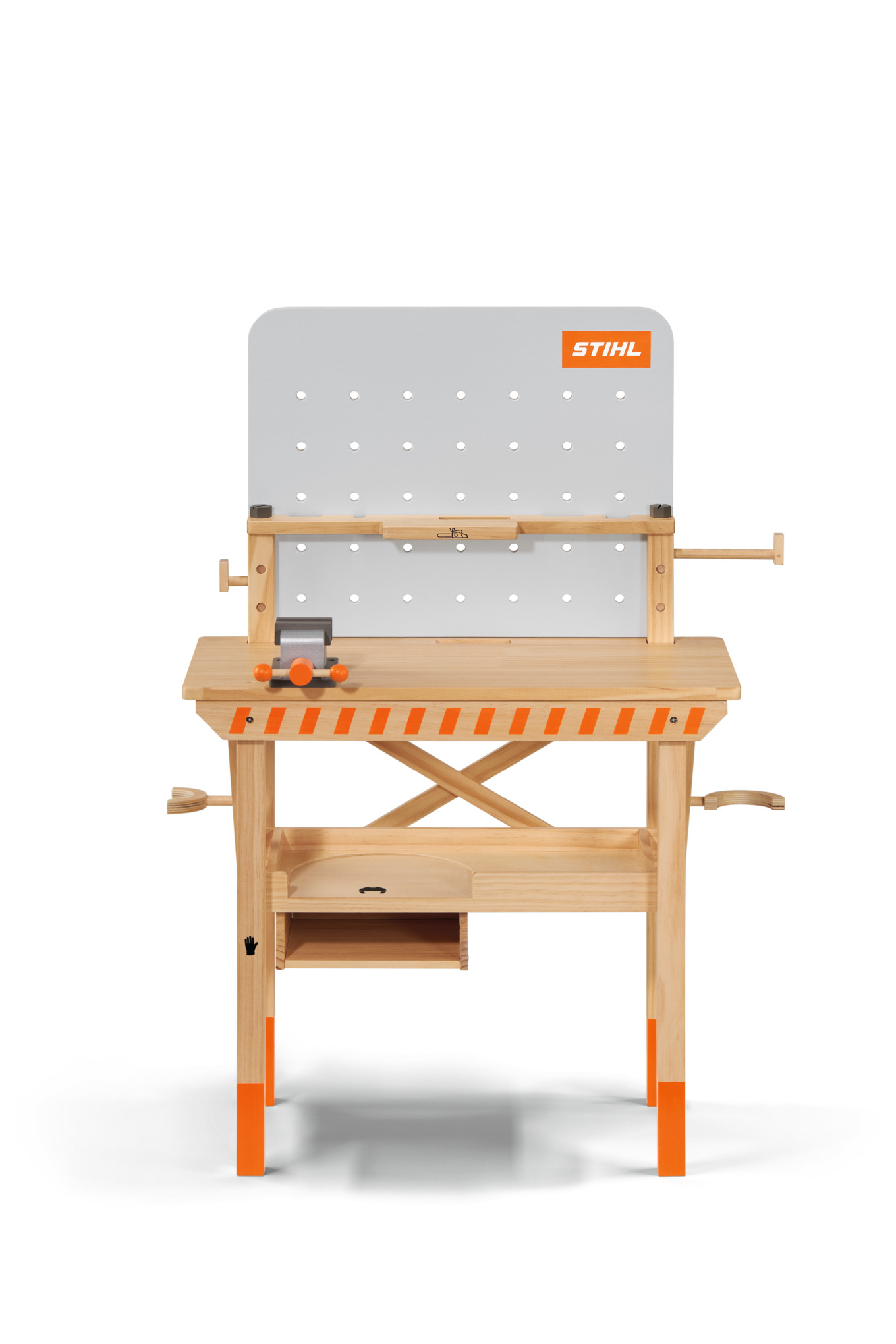 STIHL Kinderwerkbank aus Holz mit grauer Rückwand und orangefarbenen Details