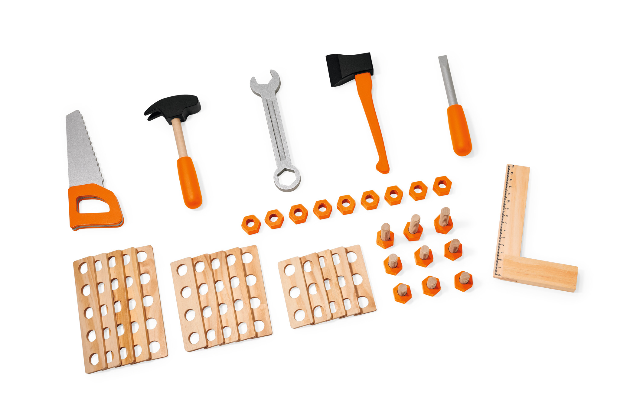 Kinderwerkzeugset aus Holz mit Säge, Hämmer, Schraubenschlüssel, Feile, Lineal, Schrauben und Muttern