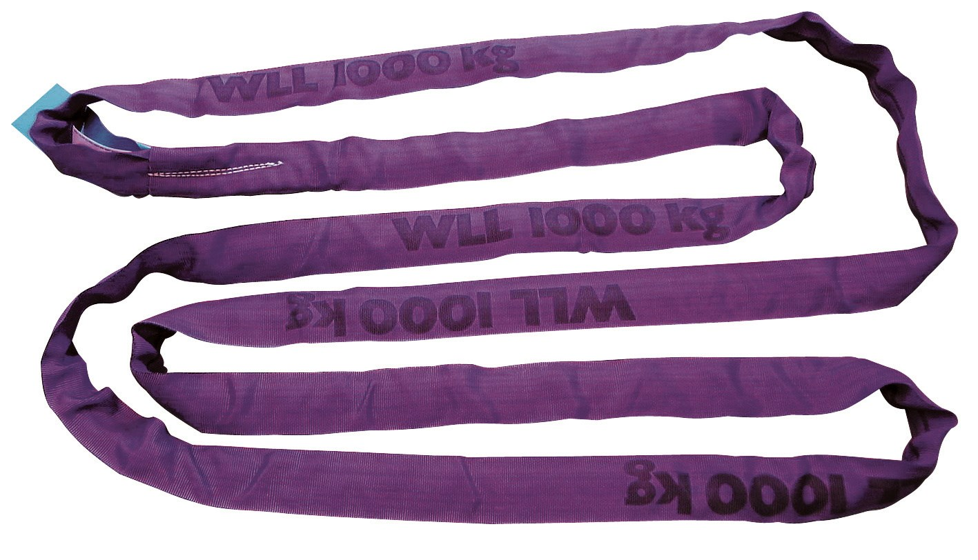 Violette Rundschlinge mit Tragkraftangabe und doppelter Ummantelung auf neutralem Hintergrund