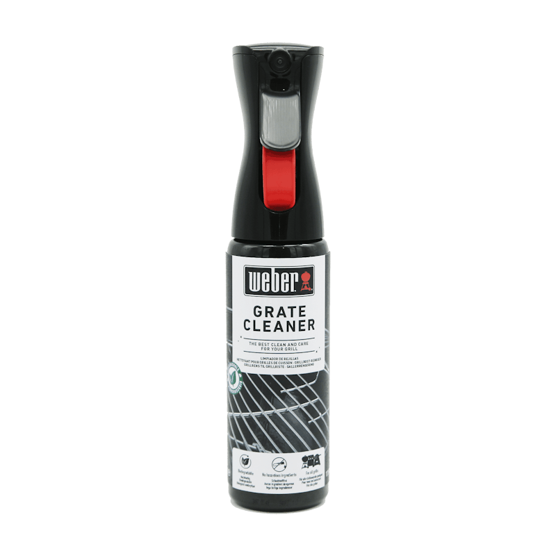 Weber Grillrost-Reiniger Flasche mit rotem Sprühkopf und Produktinformationen auf dem Etikett