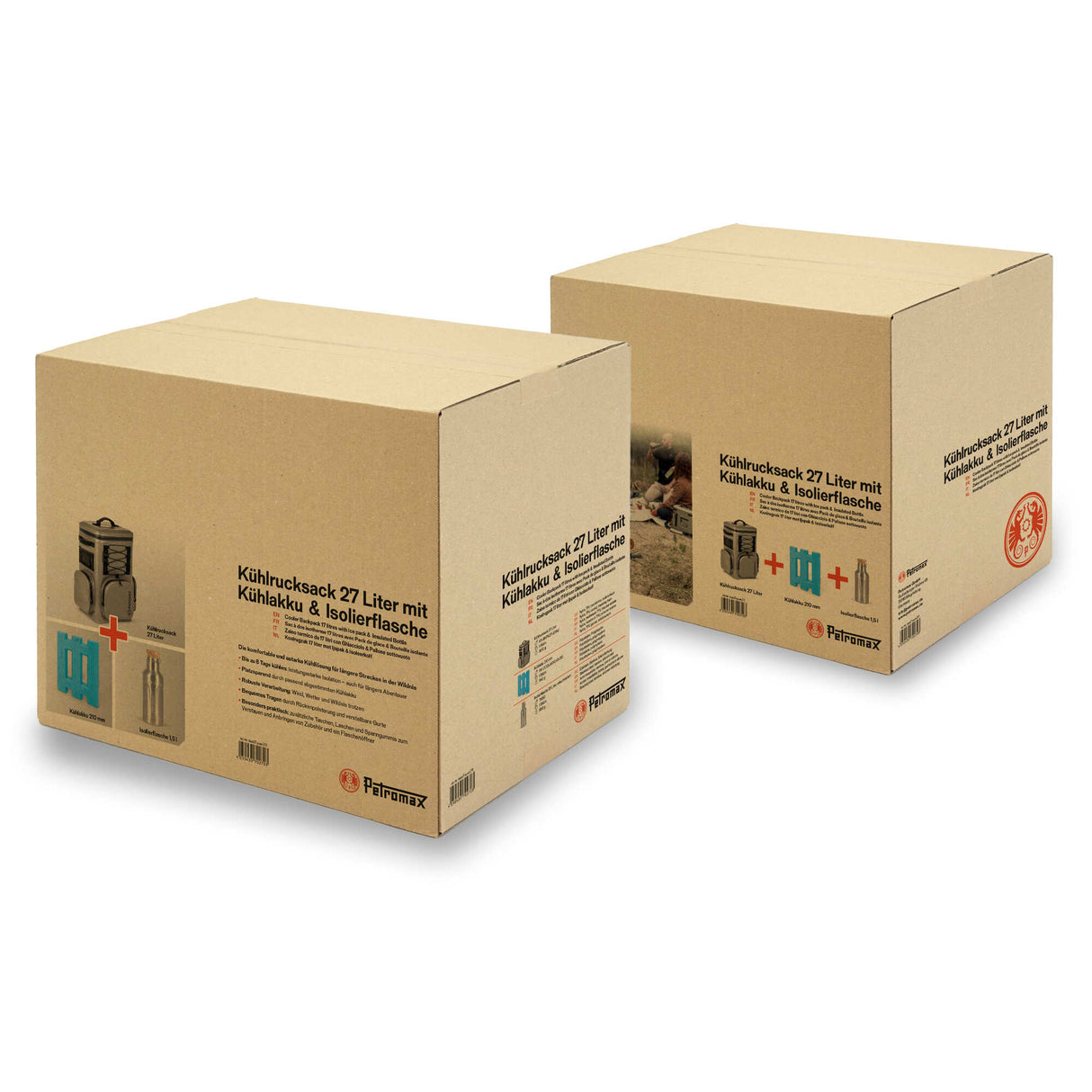 Zwei braune Kartons mit Produktinformationen über Kühlrucksäcke
