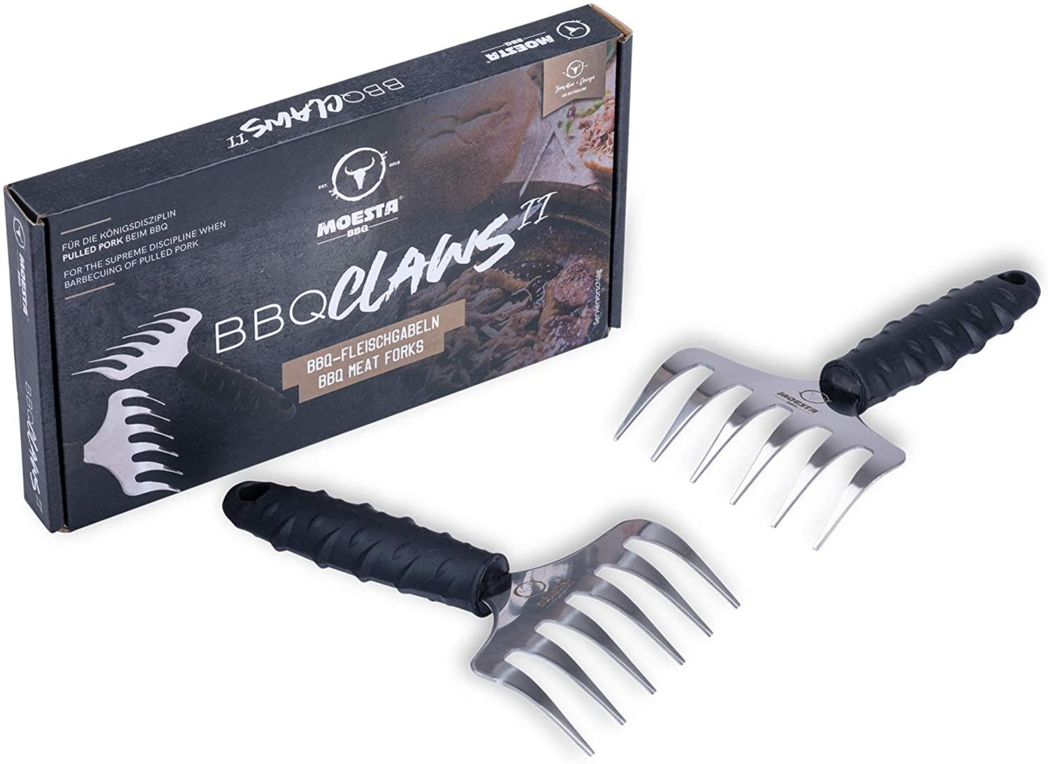 Moesta BBQ Claws 2 Meat Claws aus Edelstahl neben ihrer Verpackung
