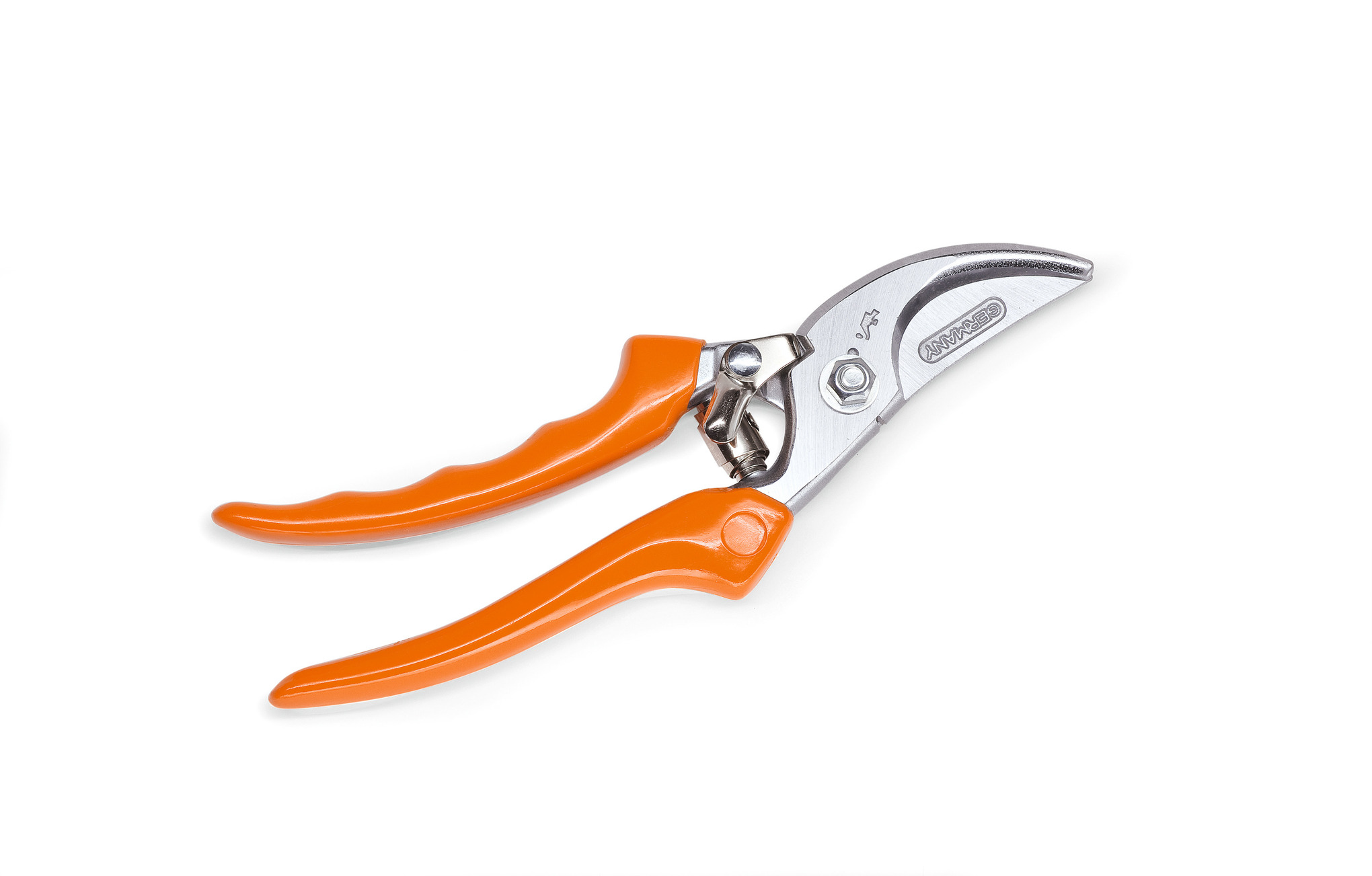 STIHL Gartenschere PG 20 mit orangefarbenen Griffen und silberner Klinge auf weißem Hintergrund
