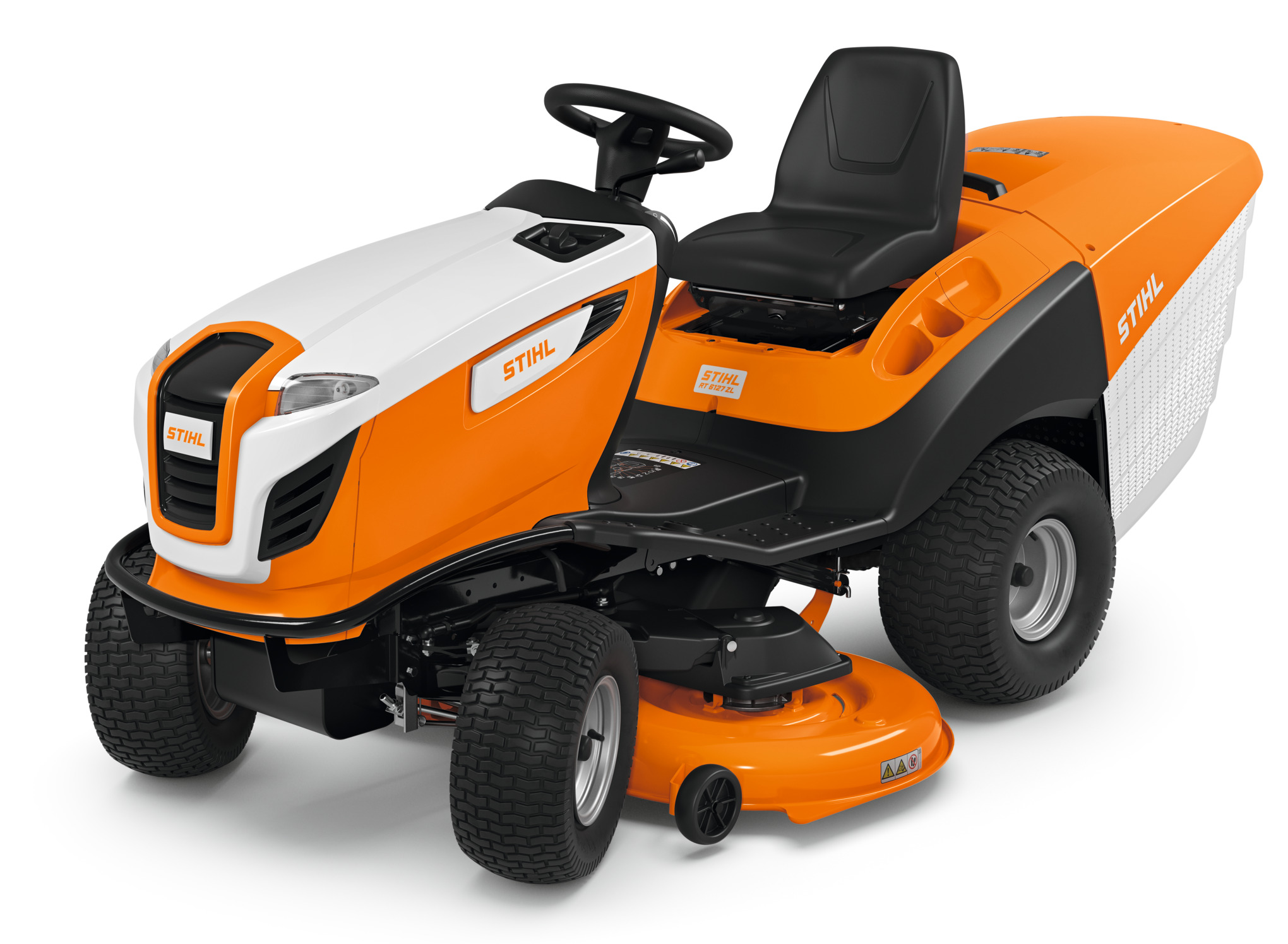 STIHL RT 6127 ZL Aufsitzmäher in Orange und Weiß mit großem Grasfangkorb und komfortablem Sitz