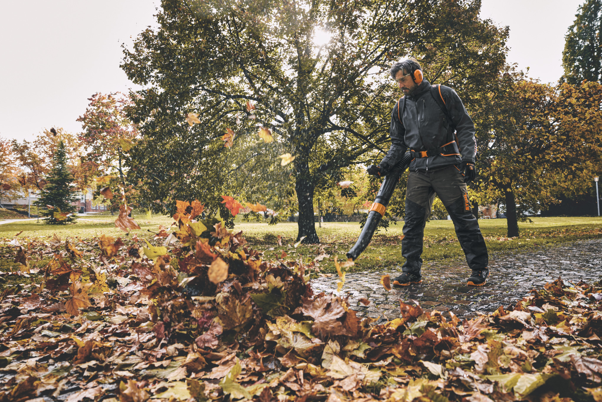 Mann verwendet Stihl BGA 300 Laubbläser in herbstlichem Park