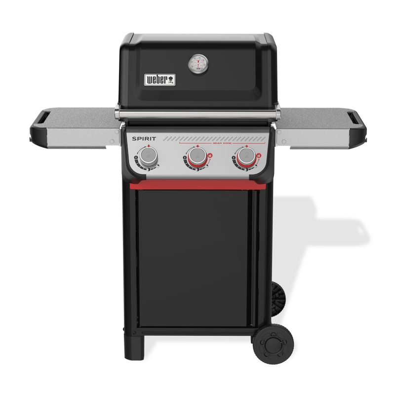 Weber SPIRIT E-325 GBS Gasgrill in Schwarz mit heruntergeklappten Seitentischen und Thermometer