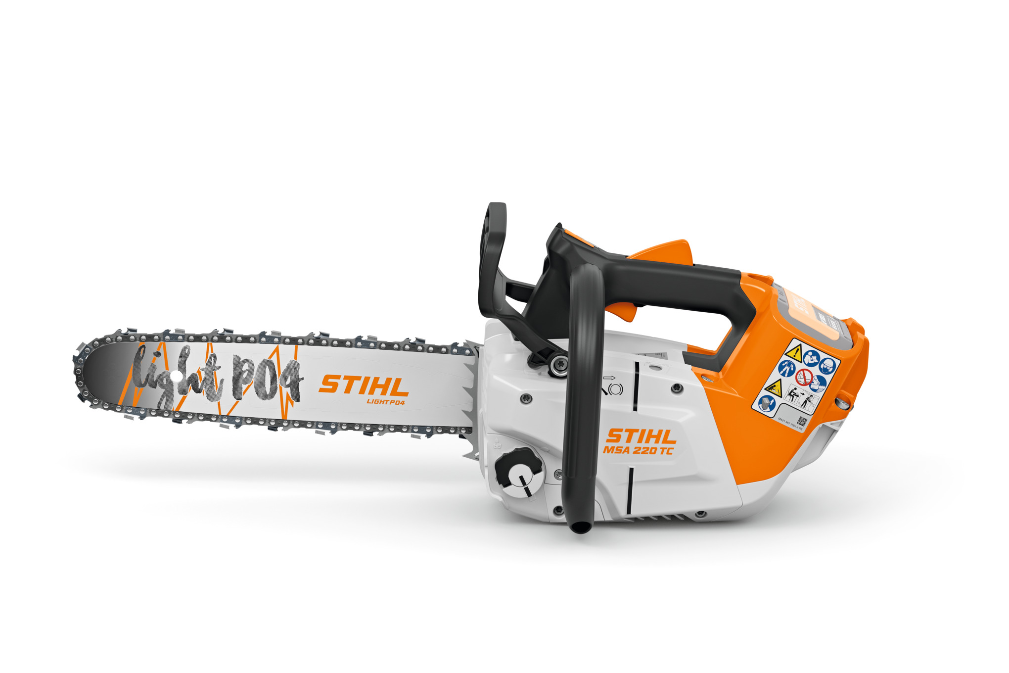 STIHL MSA 220 TC-O Motorsäge in Studioaufnahme mit Fokus auf Details und Markenlogo