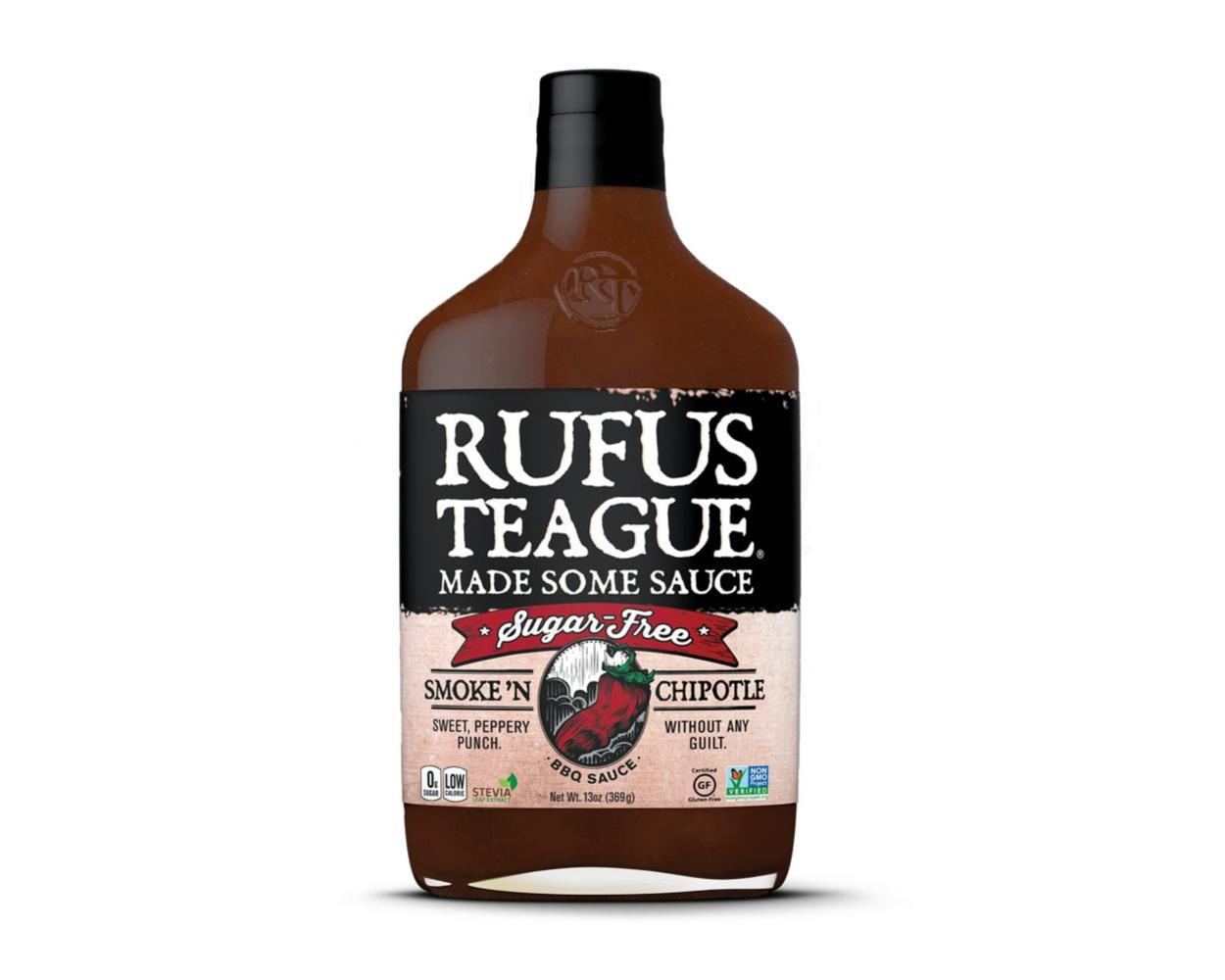Flasche Rufus Teague Smoke 'N Chipotle BBQ Sauce mit Hinweisen auf zuckerfrei glutenfrei und koscher