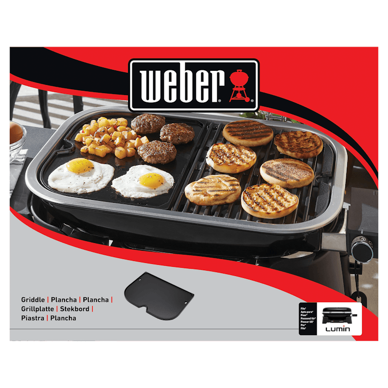 Weber Grillplatte auf Lumin Elektrogrill mit verschiedenen Speisen wie Eier und Burger