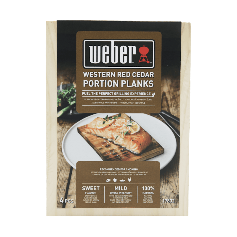 Verpackung von Weber Zedernholz Räucherbrettern mit Bild eines Fischfilets darauf