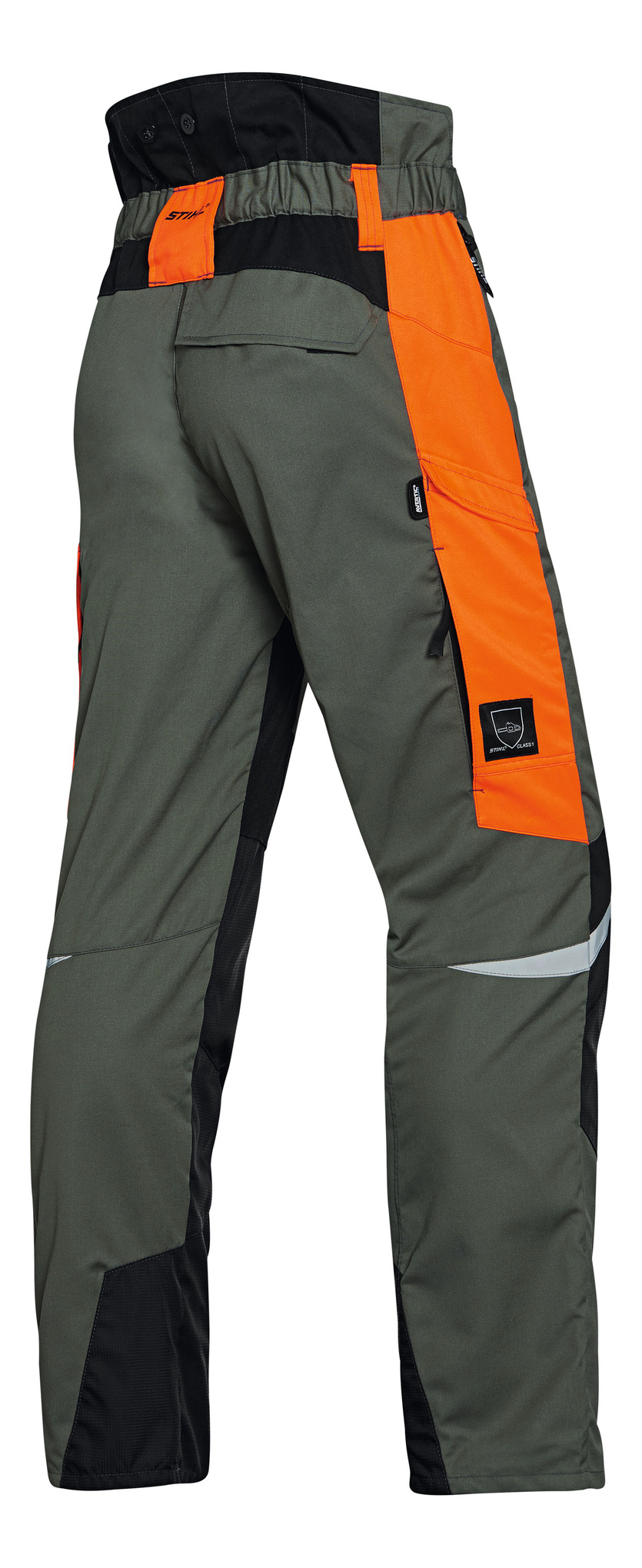 STIHL Bundhose FUNCTION Ergo Größe L in Olivgrün mit orangefarbenen Einsätzen und Reflexstreifen
