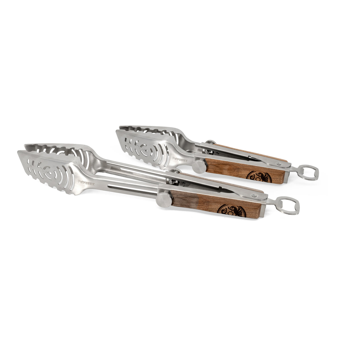 Zwei teleskopische Grillzangen aus Edelstahl mit Holzgriffen und multifunktionalen Köpfen