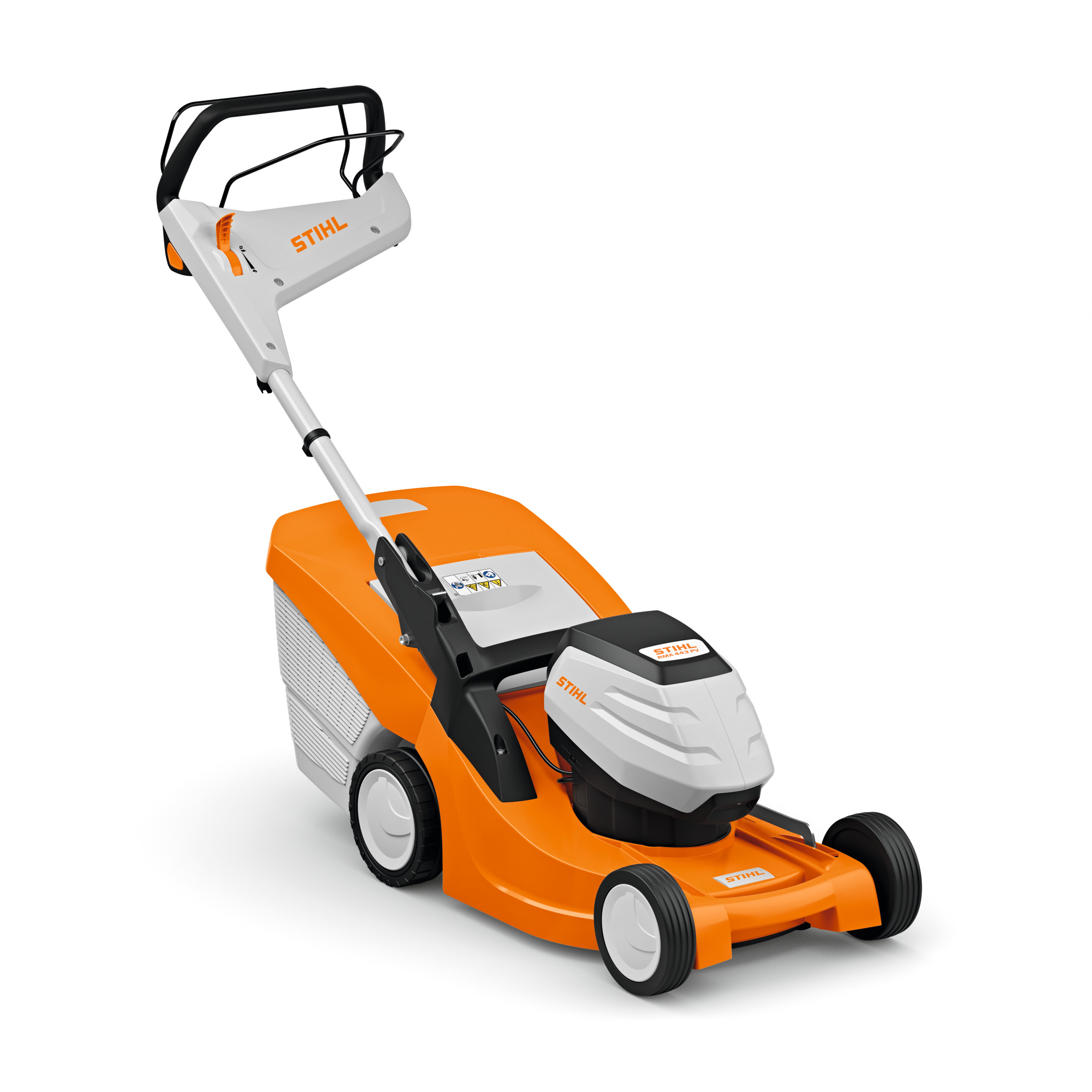 STIHL RMA 443 PV Akku-Rasenmäher in Orange und Weiß mit ergonomischem Lenker und großem Grasfangkorb