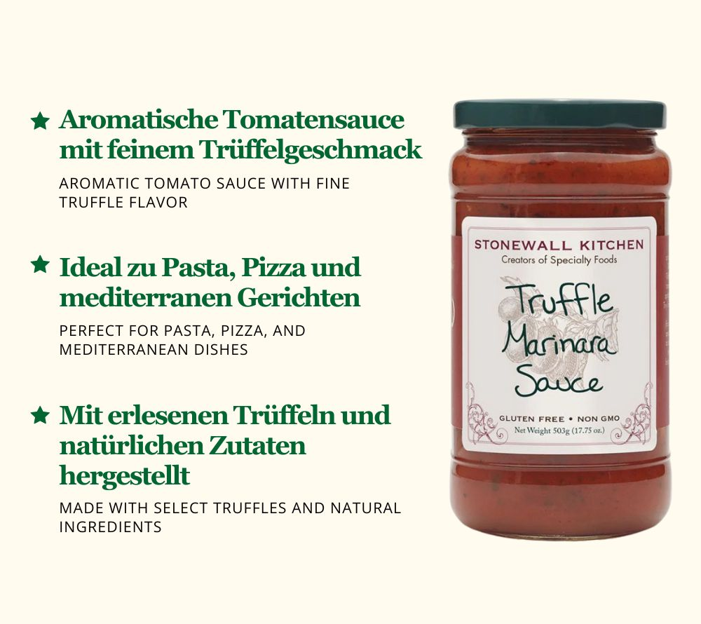 Glas mit Stonewall Kitchen Truffle Marinara Sauce ideal für Pasta und Pizza