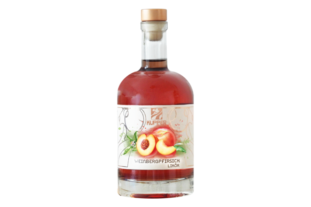 Flasche Kupper Weinbergpfirsichlikör mit Fruchtillustration und Korken