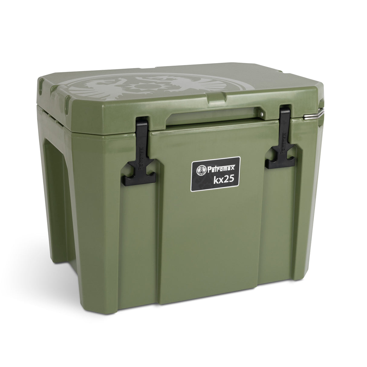 Petromax Kühlbox KX25 in Sandfarbe mit Logo und Verschlussklammern