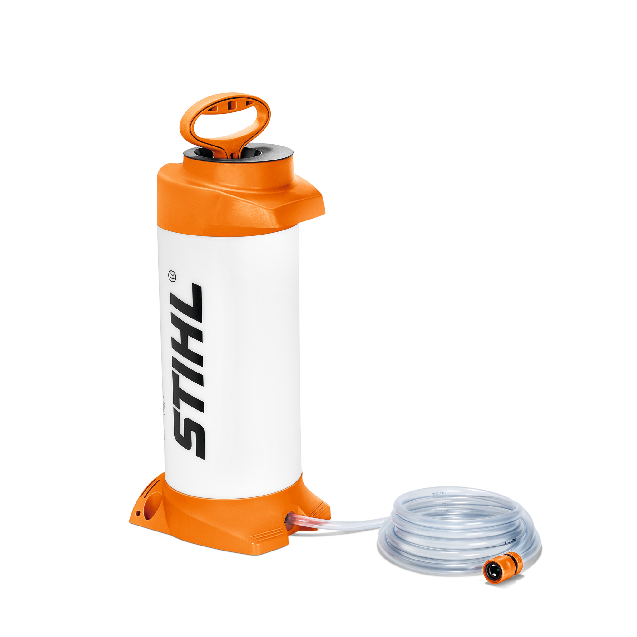 STIHL Druckwasserbehälter 10 Liter mit orangefarbenen Details und Schlauch