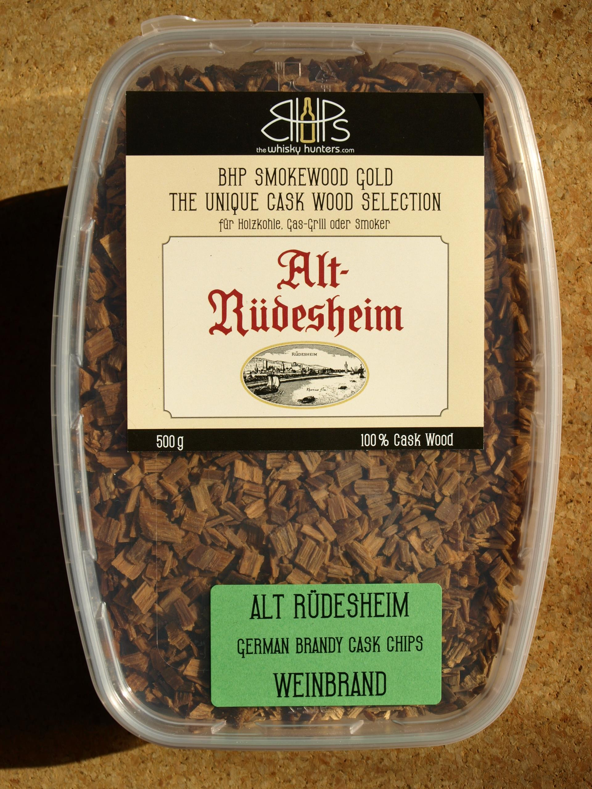Transparente Box mit Räucherchips für Grill und Smoker, BHP Smokewood Gold Brandy Alt-Rüdesheim Vsop