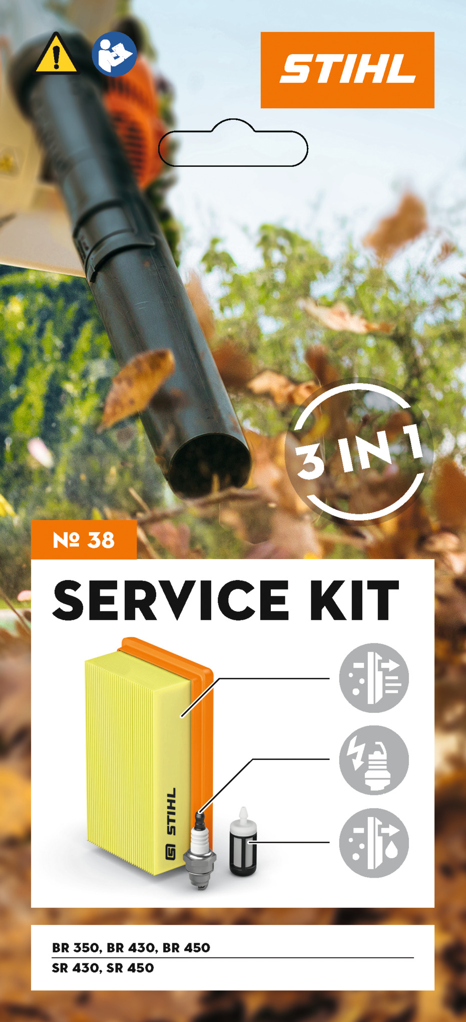 Werbegrafik für STIHL Service Kit 38 mit Laubbläser in Aktion und Darstellung von Kit-Komponenten