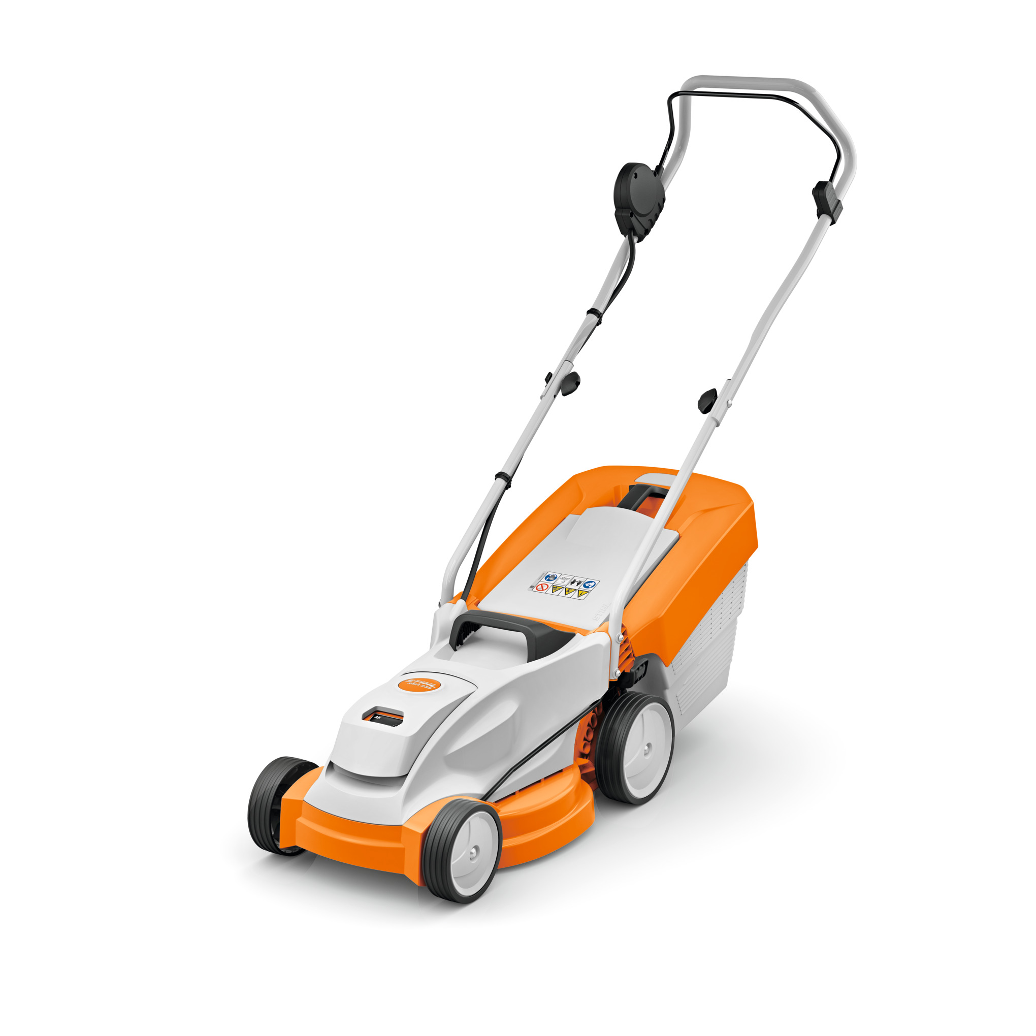STIHL RMA 235 Akku-Rasenmäher in Weiß und Orange mit klappbarem Holm und Grasfangkorb