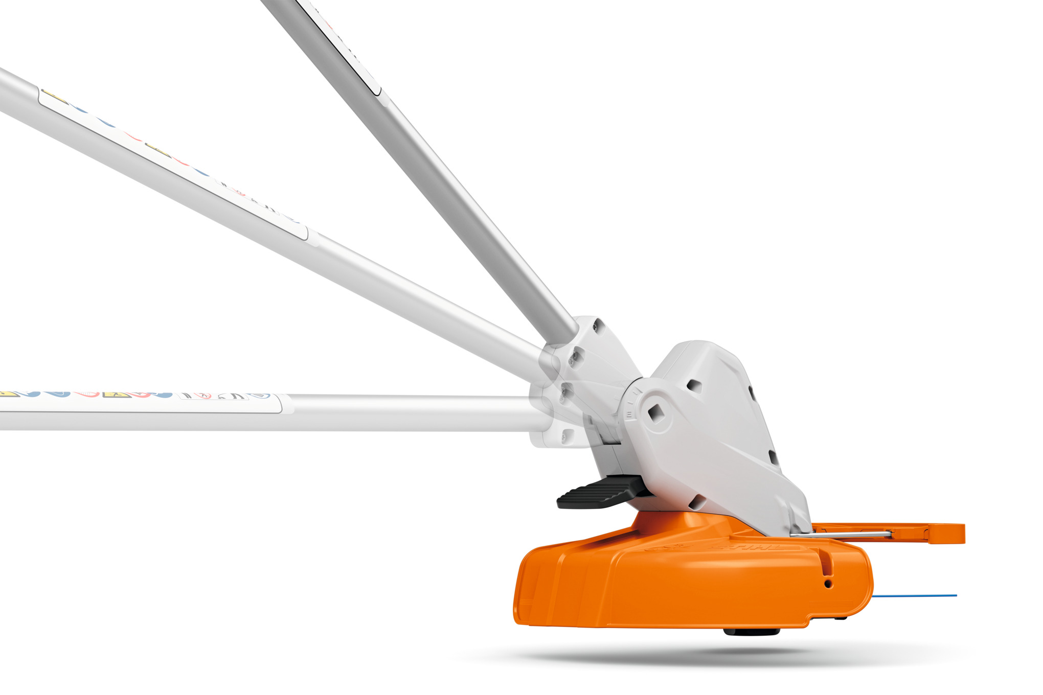 STIHL FSA 50 Akku-Motorsense in Nahaufnahme mit orangefarbenem Gehäuse und weißem Schaft