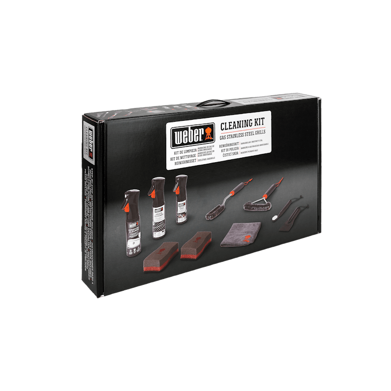 Weber Reinigungsset für Edelstahl-Gasgrills mit Reinigungslösungen, Schwämmen, Tuch und Bürsten auf der Verpackung