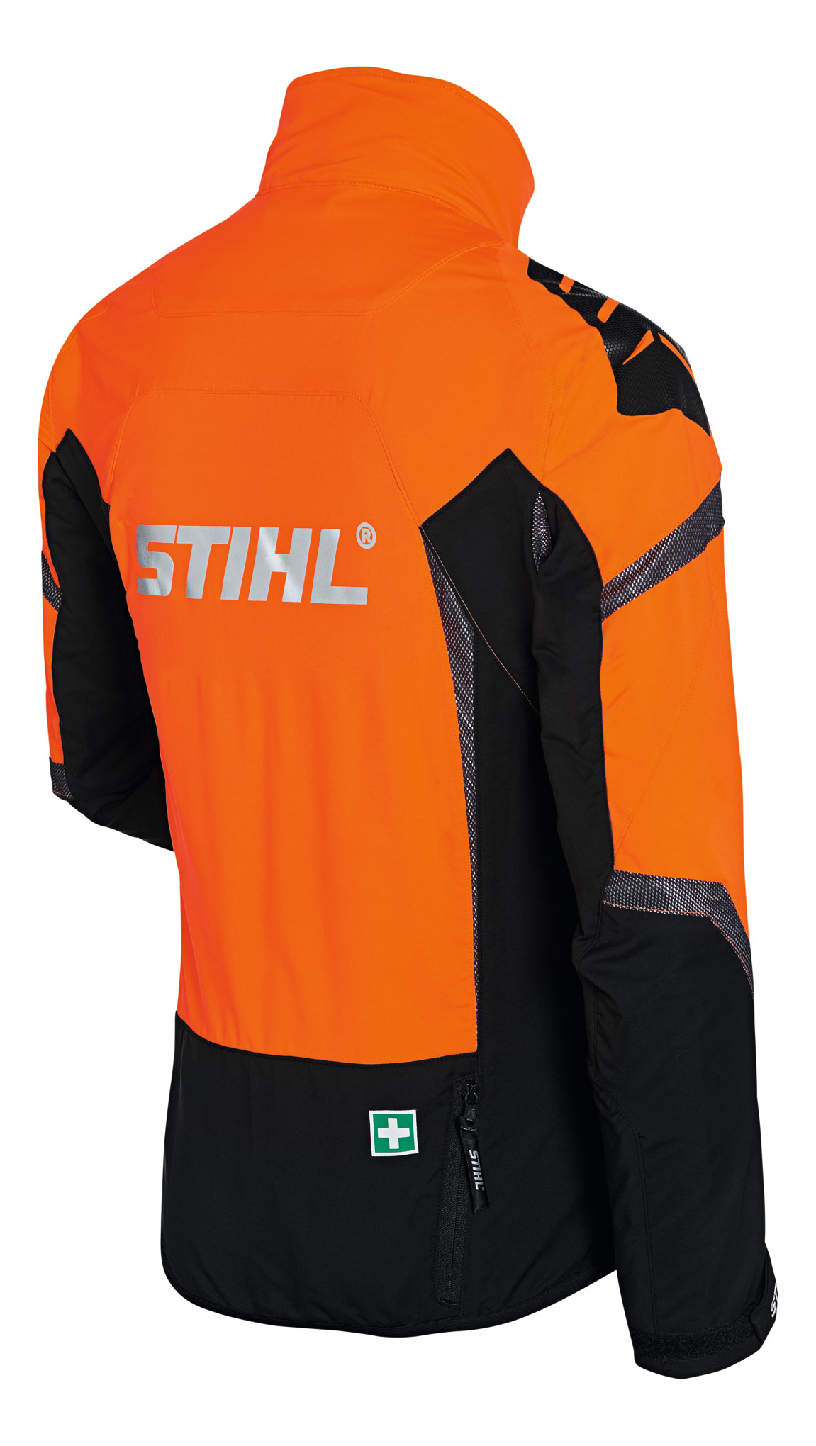 Rückansicht der STIHL Jacke ADVANCE X-Vent in Warnorange und Schwarz mit Logo und Belüftungsdetails
