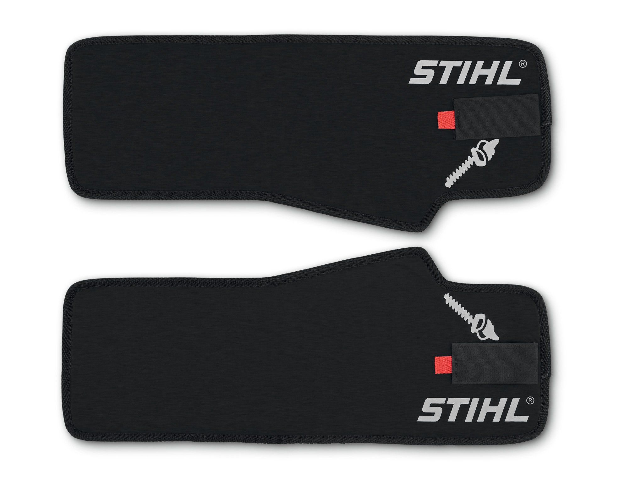 Zwei schwarze STIHL HS-Beinschützer auf heller Oberfläche mit Logo und Heckenschere-Symbol