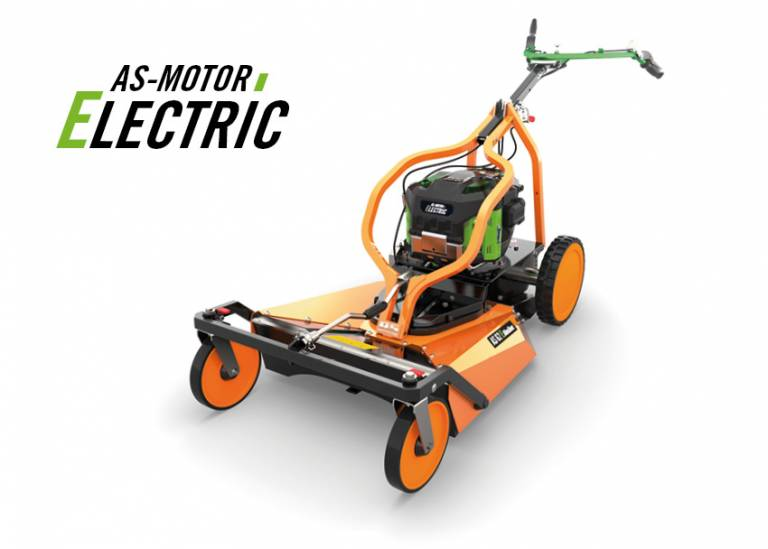 AS 62 E-Allmäher von AS-Motor Electric in Orange und Grün mit großen Rädern und modernem Lenker